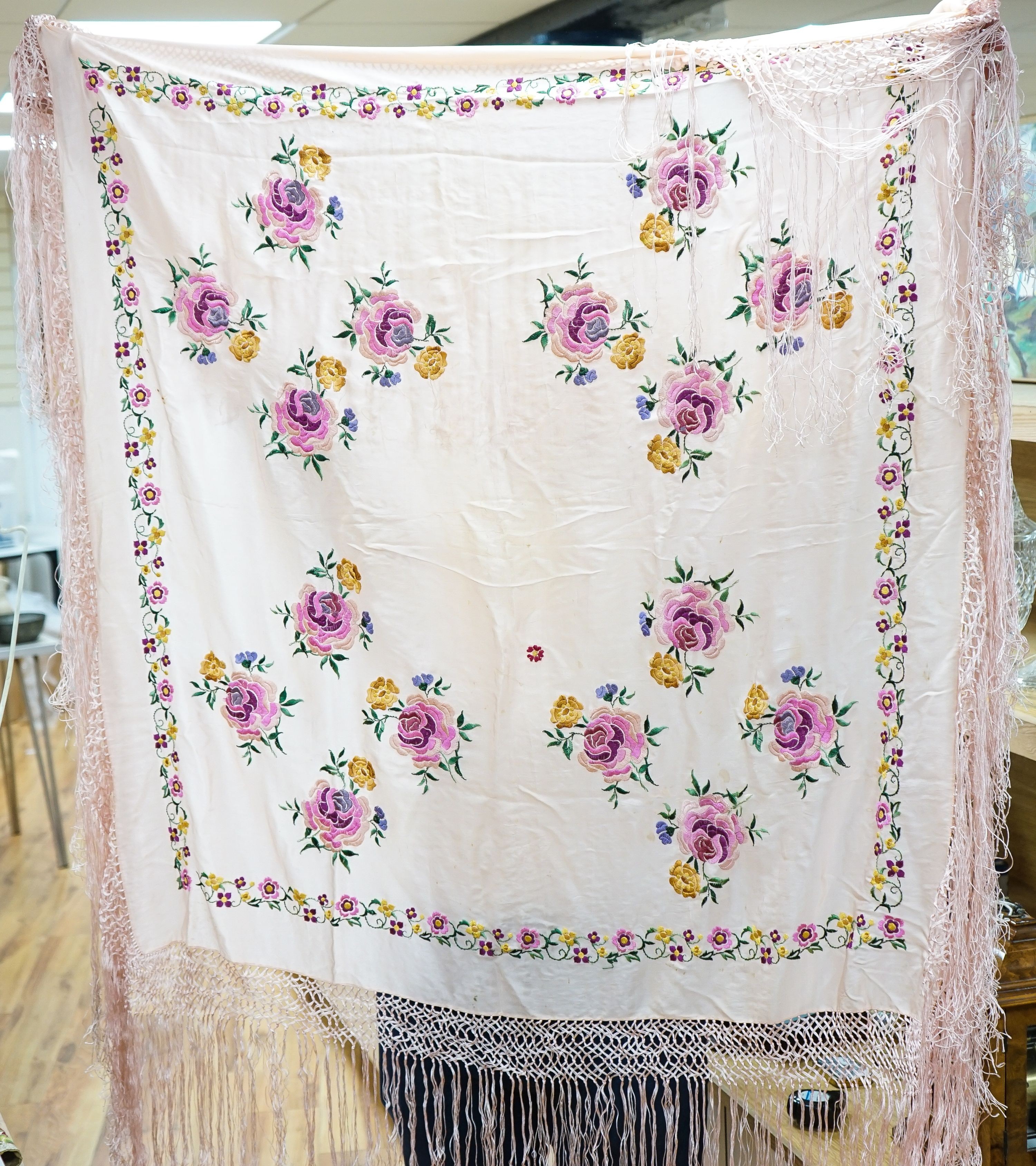 A woven silk ecclesiastical cope vestment and a pink silk shawl (2)